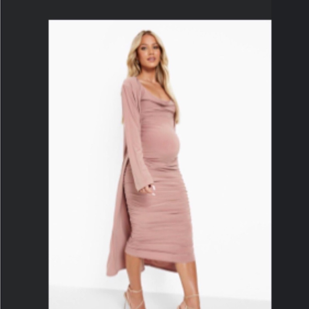 Elegant Pink Maternity Dress with Long Cardigan